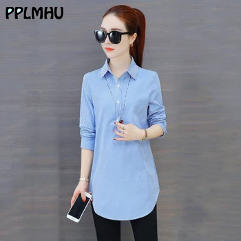 

Casual Basic Striped Blue Shirts Women Button Up Plus Size 5XL Long Sleeve Red Shirt New Spring Autumn Loose Midi Blouses Black