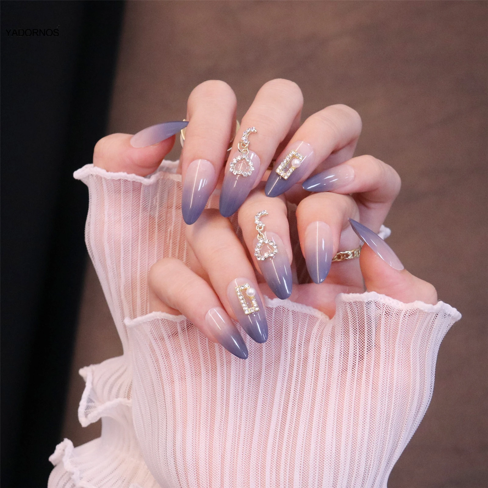 24pcs Decorated False Nails Blue Gradient Flower With Diamond Wear Long  Paragraph Fashion Manicure Patch Wearable Patch Ty - False Nails -  AliExpress