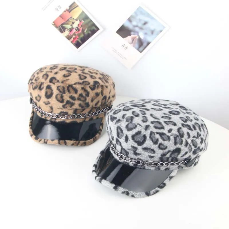 

INS-Style Flat Roof Navy Cap Men And Women Child Autumn And Winter Leopord Pattern Octagonal Cap-Style Chain Newsboy Cap Cricket