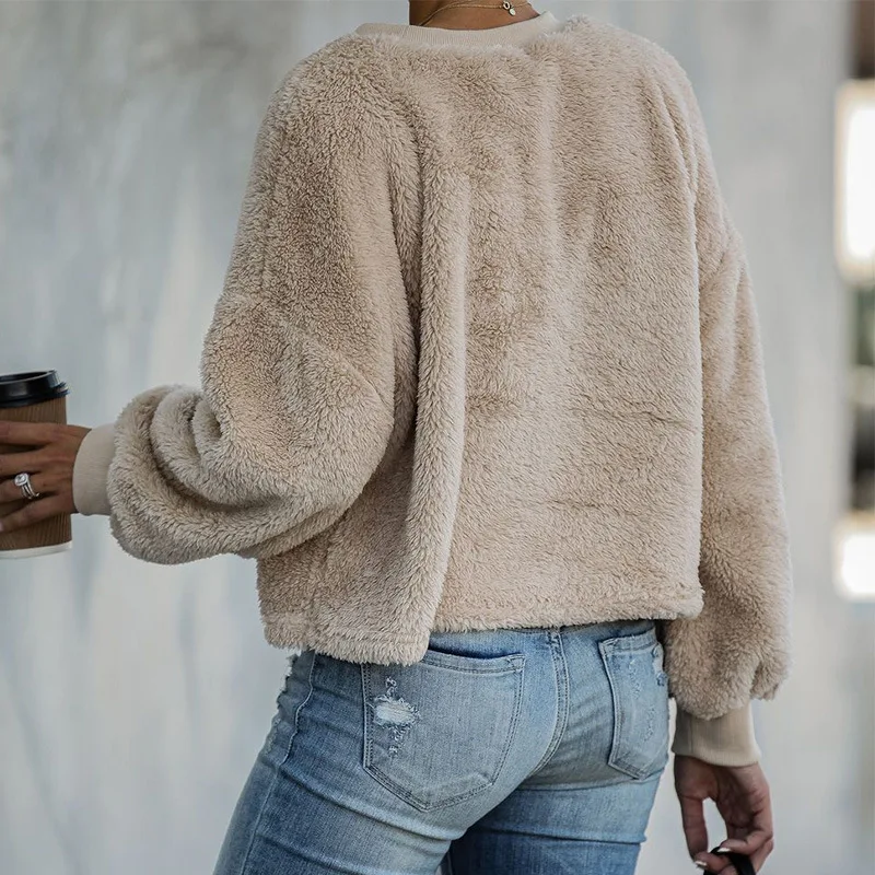 Autumn Winter Faux Fur Fuzzy Pullover Tops Women Long Sleeve Round Neck Casual Sweatshirts