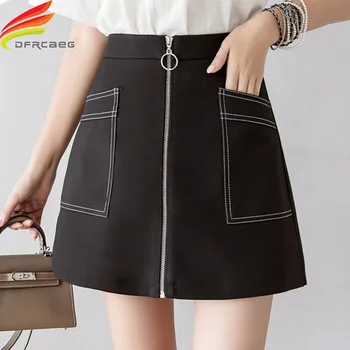 

Spring Summer 2020 New A Line Pockets Skirt Women Office Lady High Waist Patchwork Lines Front Zipper Up White Black Skirt Women