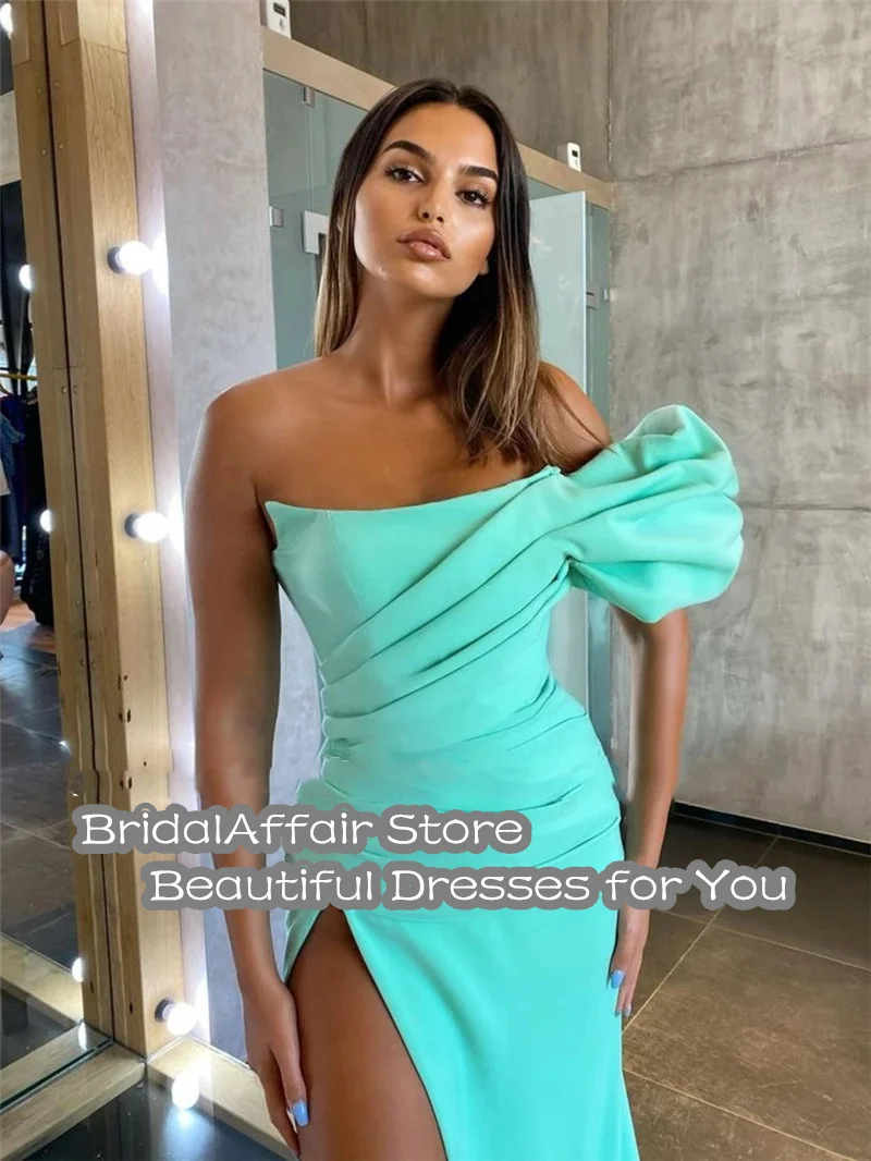 BridalAffair Turquoise One Shoulder Short Sleeves Satin Pleats Prom Gowns High Split Fashion Formal Party Evening Dresses yellow formal dresses