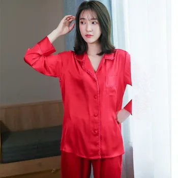 

Sleepwear Lady Printed Pajamas Set Satin 2PCS Sleep Set With Button Femalec Lapel Long Sleeve Rayon Kimono Bath Home Clothing