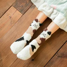 Осенне-зимние коралловые бархатные носки-тапочки для девочек с объемной вышивкой, теплые домашние носки в японском стиле