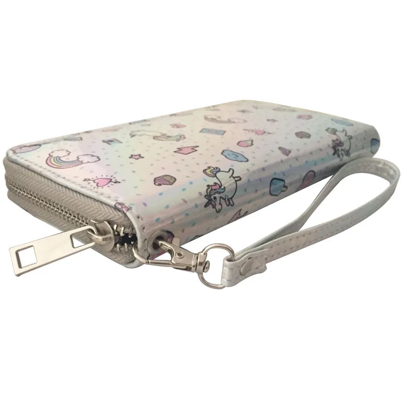

KANDRA Silver Holographic Laser Cartoon Leather Wallet for Women Wristlet Dessert Rainbow Printing Clutch Purses Card Holder