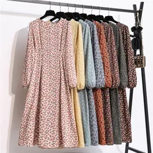 

New Floral Printed Chiffon Dress Women Autumn Spring Long-Sleeved O-Neck High Waist Long Dresses Female Vestidos