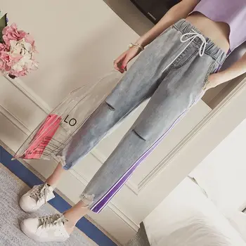 

Autumn Ankle-Length Pants Fashion Broken Holes Trousers Loose Casual Female High waist straight Denim Pants