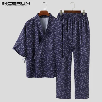 

INCERUN Men Pajamas Sets Printing Leisure Half Sleeve Homewear Japanese Kimono Sleepwear Long Pants Harajuku Men Nightwear Suit