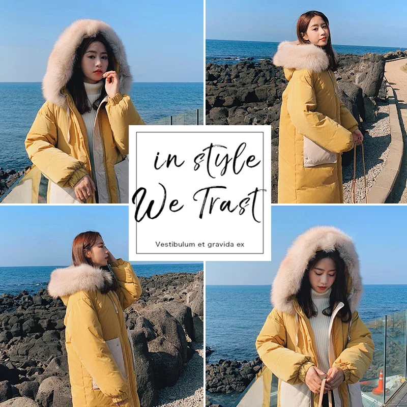 

Photo Shoot 2019 Winter New Style down Jacket Cotton-padded Clothes Korean-style Loose-Fit Mid-length Hooded Large Fur Collar Co