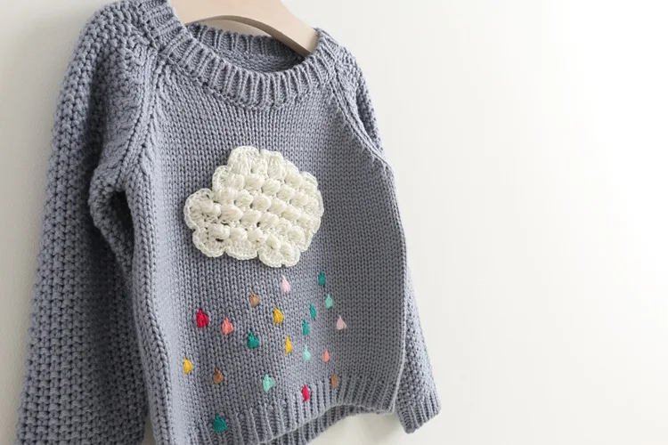 Autumn Korean-style Girls Stereo Stitched Pattern Cloud Raindrop Pullover Sweater Children Chunky Sweater