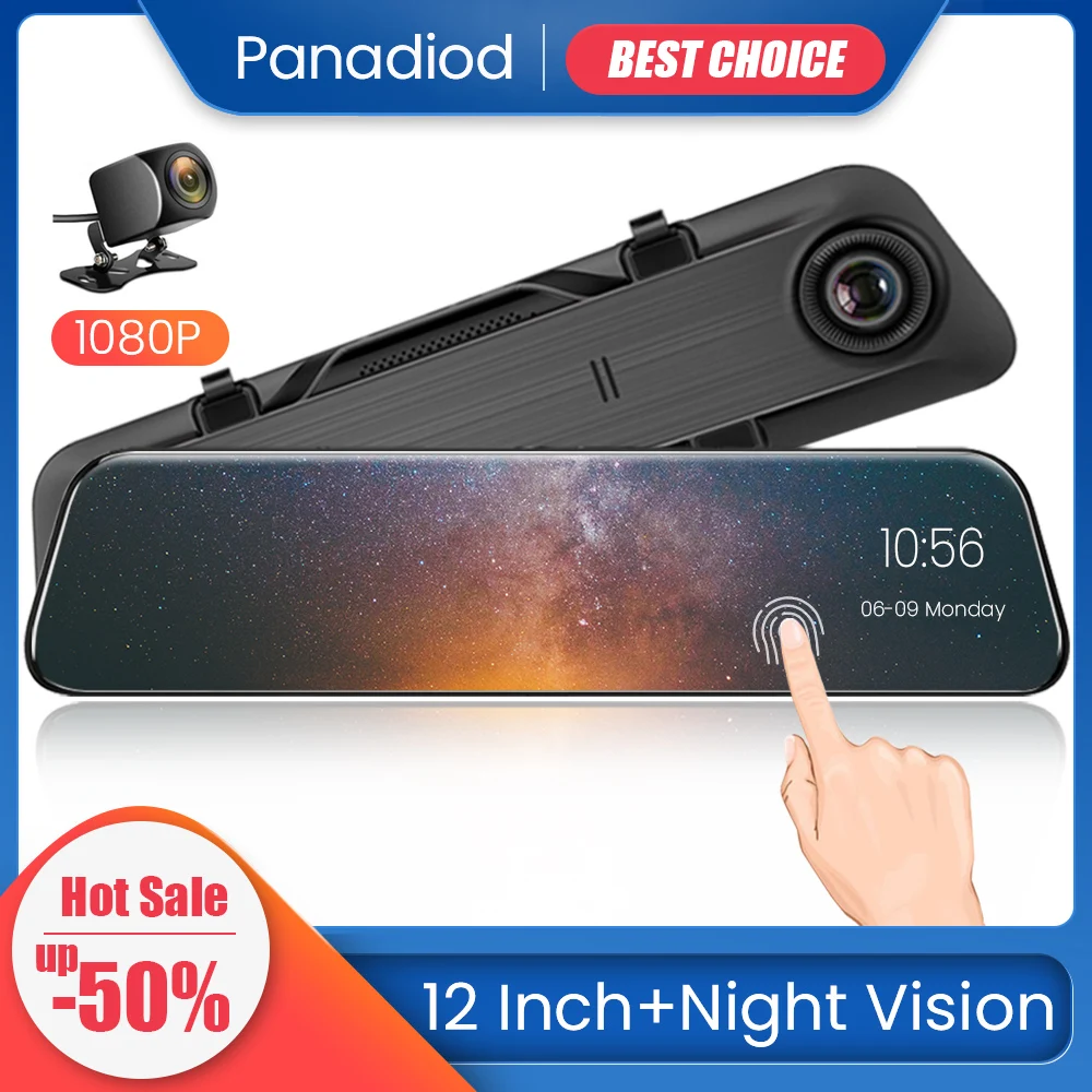 

Dash Cam 12 Inch Car DVR 1440P Stream Media Touch Screen Dash Camera Dual Lens Video Recorder Rearview Mirror 2K Backup Camera