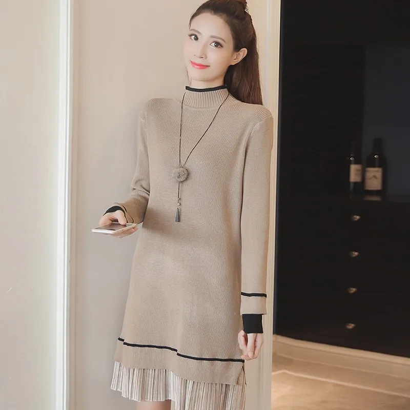 

Autumn Solid Stitching Design Women's Knit Dress Korean Style Long Sleeve Knee-length Dresses 2019