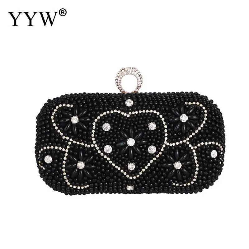 

Black Jewelry Pearl Heart Pattern Clutch Bag For Women 2019 Mini Dress Party Evening Handbag Purse Wallet Finger Ring Clutches