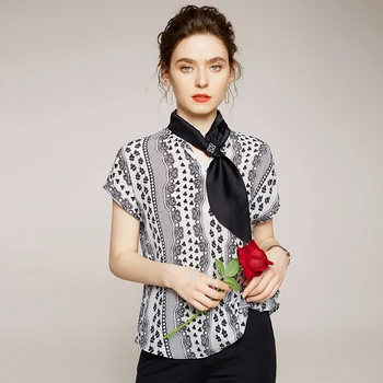 

Summer Real Silk Women Shirt Elegant Fashion Bow Turn-down Collar Short Sleeve Print Blouse 100% Natural Silk Lady Tops Blouses