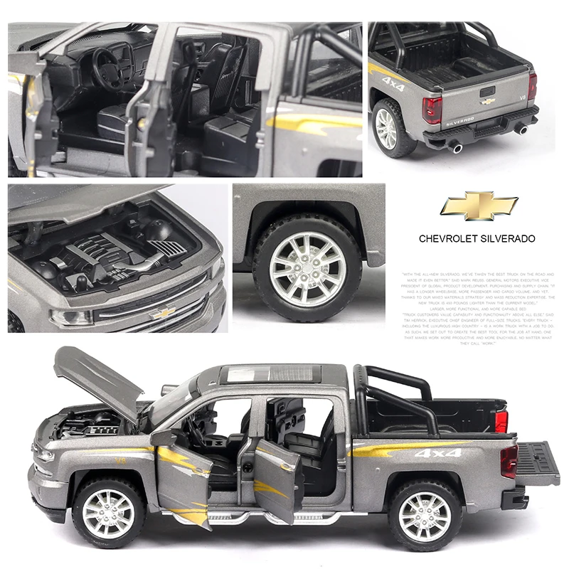  1:32 Chevrolet Silverado Pika Alloy Car Model Diecast Toy Vehicle 6 Open Doors With Sound/Light/Pul