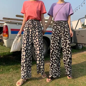 

Women Summer Print Floral Pants Vintage Holiday Lady Boho Elastic High Waist Wide Leg Trousers Casual Plus Size Bottoms
