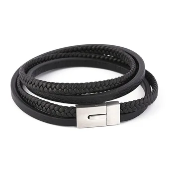 

Bracelet Creative New Stainless Steel Press Flat Buckle Leather Mixed Braided Multi-layer Simple and Elegant Wrist Strap Fashion
