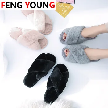 

2020 winter Woman Slippers Fluffy Faux Fur Sandals Cute Plush Flip Flops Women Cross Transparent Slides Lady Outdoor Flat Shoes