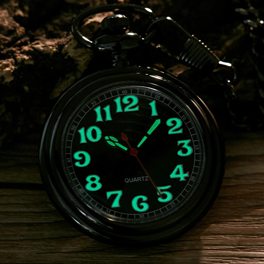 LuminousQUARTZPocketWatchforMenWomenBlackSliverGoldFobChain