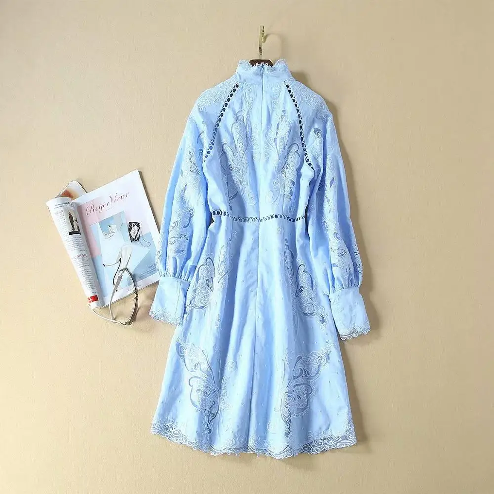 Top Quality Autumn Party Dresses Vestidos Women Lace Hollow Out Embroidery Single Breasted Long Sleeve Blue Dress Luxury