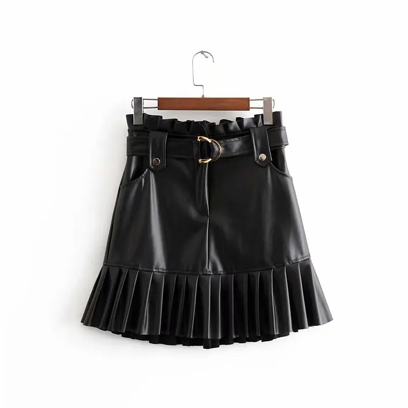 Осенняя Женская юбка Повседневная однотонная плиссированная юбка из искусственной кожи с поясом - Цвет: Черный