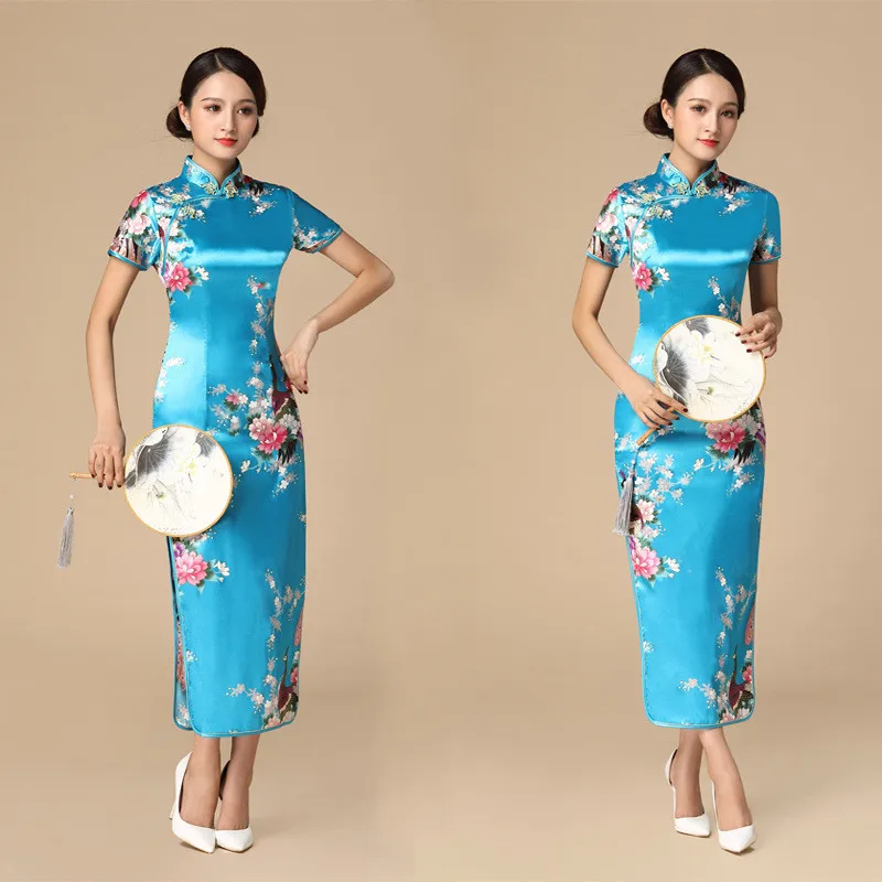 

Chinese Style Women Long Qipao Vintage Hand Made Button Cheongsam Elegant Print Peacock Slim Vestidos Traditional Chinese Dress