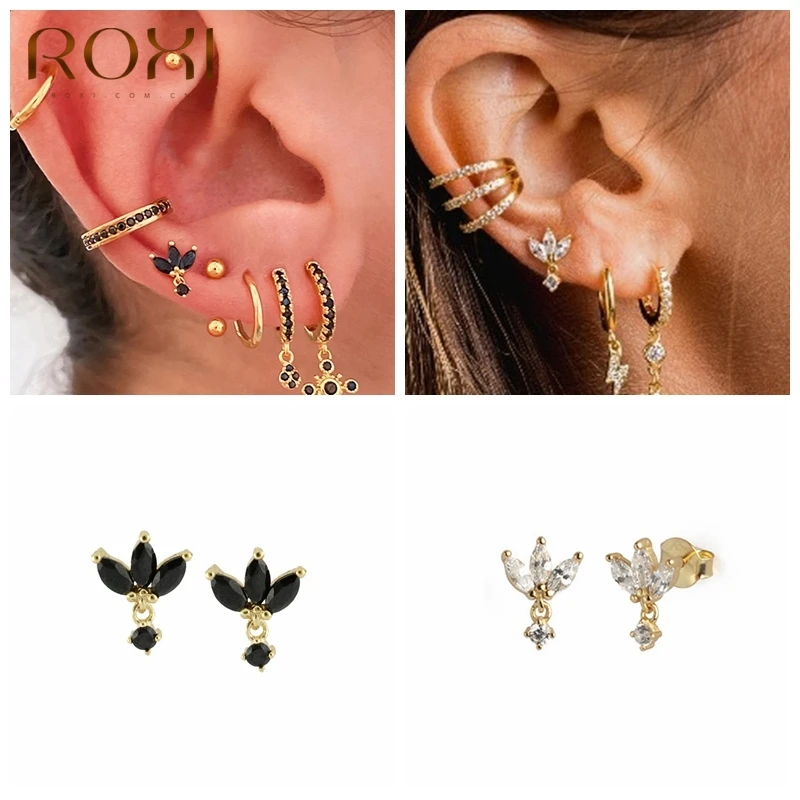 

ROXI Elegant White Black Zircon Crystals Crown Clover Stud Earrings for Women Piercing Earrings 925 Sterling Silver Pendientes