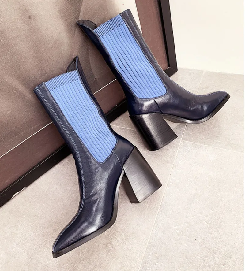 Knsvvli Chunky High Heels Knitting Stretch Boots Woman Mixed Color Runway Short Boots Leather Patchwork Sock Boots Women