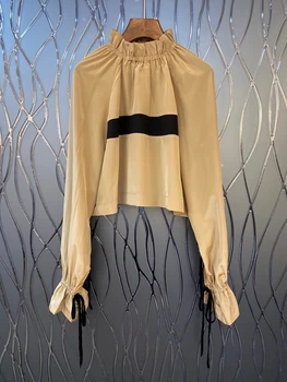 

2020 Spring and Summer New Women's Pleated Small Stand Collar Cuff Lace-up Knotted Bat Sleeve All-match Shirt 702