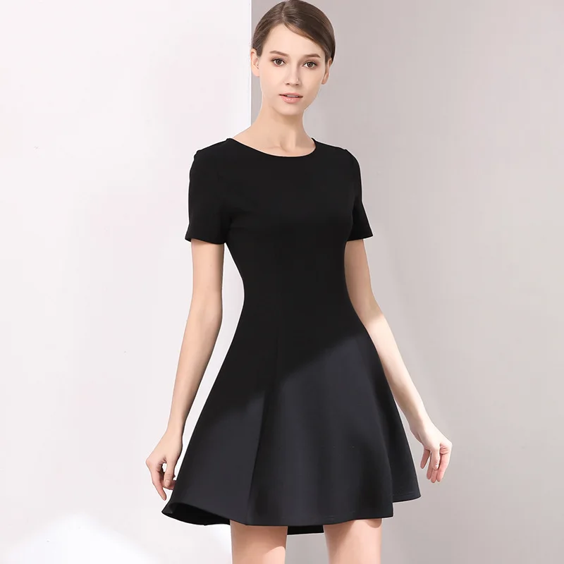 Осень и Новинка зимы Стиль короткий рукав круглый вырез горловины Slim Fit прямо тонкий Платье черного цвета с надписью маятник базовое платье