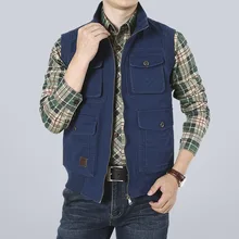 Многофункциональные карманы Для Мужчин's Повседневный жилет натуральный хлопок воротник-стойка для женщин среднего возраста одежда Daddy однотонные Цвет хлопковый жилет Для Мужчин's