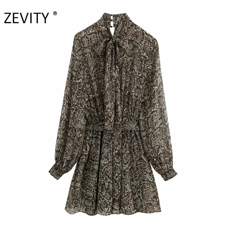 ZEVITY women vintage snake skin print sashes chiffon mini dress chic ladies long sleeve bow collar vestido casual dresses DS4446