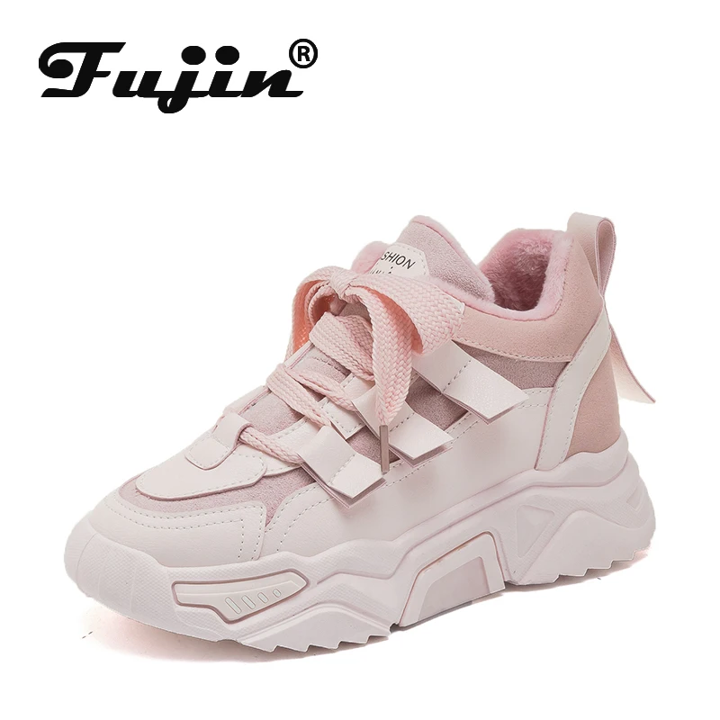 

Fujin Sneakers Winter Women Thick Bottom Cross Tied Plush Keep Warm Round Toe Platform Fashion Leisure Breathable Women Sneakers