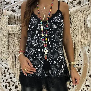 

Summer Print Tank Top 2019 Women Sexy V Neck Basic Tops Blusas Casual Womens Vest Lace Camisole Crop Tops Plus Size Female Shirt
