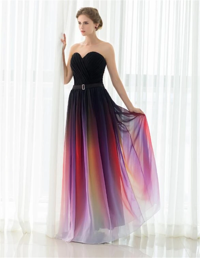 

2019 Gradient Colorful Sexy Dresses Ombre Chiffon Prom Dress Evening Dress Strapless Pleats Women Formal Occasion Dress BM164