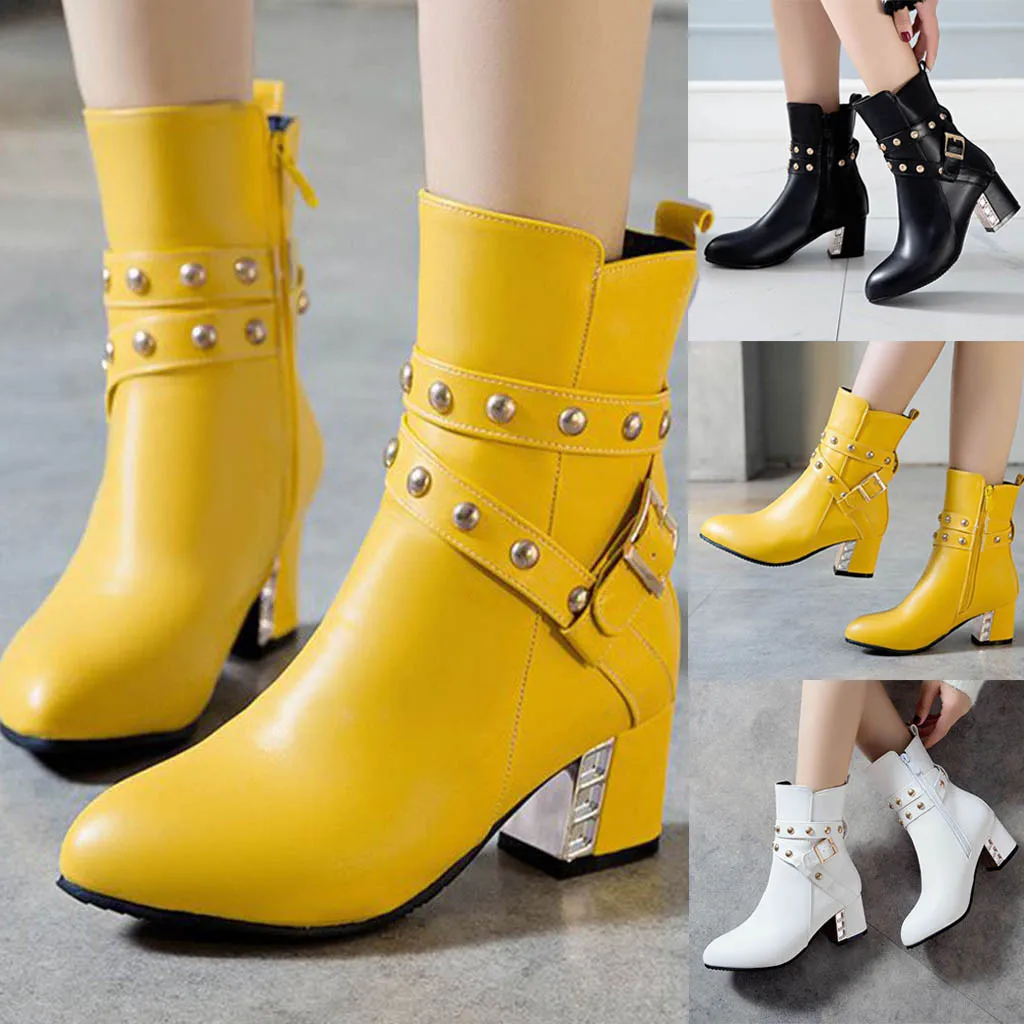 

Fashion Leather Pure Color Winter Boots Round Toe Zipper Mid-calf Boots Chunky Heels Vintage Women Boots shoes woman Snow Boots