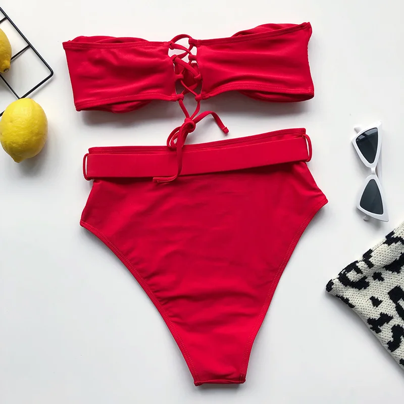 INGAGA Высокая Талия бикини 2021 купальник женский Бикини бандо Biquni Maillot De Bain