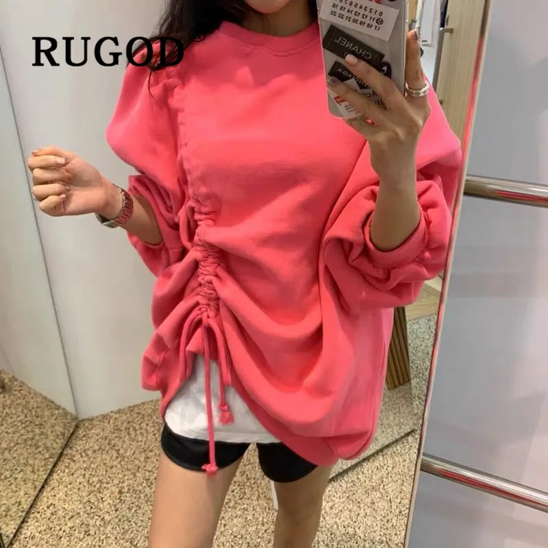 RUGOD Женская толстовка Новое Осеннее поступление однотонный плиссированный Свободный пуловер с круглым вырезом на шнуровке корейский модный Теплый Женский Топ