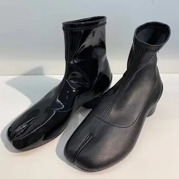 

Autumn Split Toe Boots Women Soft Leather Chunky Round High Heels Women Boots 2020 Brand Design Shoes Women botas de mujer