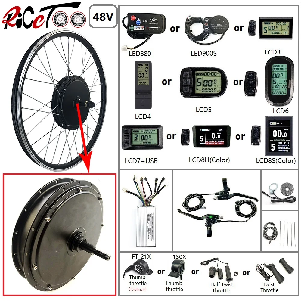 US $114.75 RICETOO Electric Bicycle Conversion Kit 48V 1000W Rear Rotate Wheel Motor With Optional 20700C KT DisplayThrottlePAS EBike