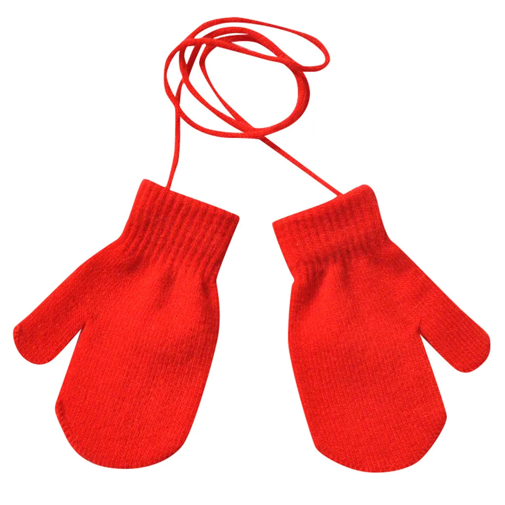 Зимние перчатки с пальцами для мальчиков и девочек, теплые одноцветные вязаные милые перчатки с завязками, варежки - Цвет: Red