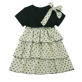 

white black print short sleeve cupcake dress age for 3 - 12 yrs little girls vintage green dots ruffle bow frocks party clothes