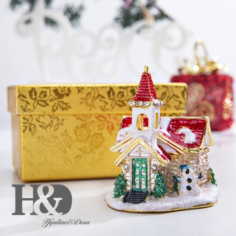 H& D Рождественский подарок, эмалированные и украшенные камнями коробки для безделушек в форме дома, ручная роспись, ювелирная Коллекционная коробка, декоративный орнамент