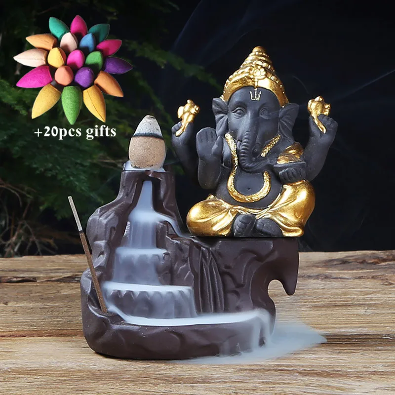Керамический Бог слон Ganesha курильница для благовоний горелка Индия водопад курильница подставка для ароматических палочек домашний декор+ 20 шт Бесплатные конусы - Цвет: Gold-A