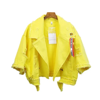 

Candy Color Denim Jacket Women Basic Coat 2019 Autumn Big size Holes Short Jeans Jacket Harajuku Female Jeans Coat SA260S50