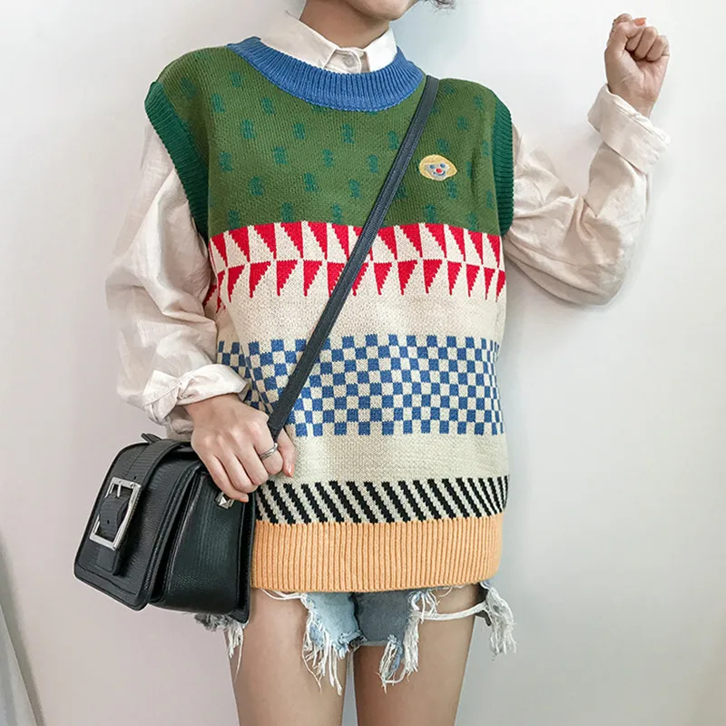 

2019 autumn and winter korean color patchwork o neck colorful vest womens sweater and pullovers womens (F265