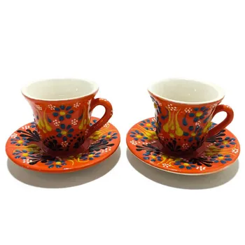 

4 Piece Lace Patterned 2 Cups 2 Plate Tile Coffee Set Handmade Traditional Kutahya Ceramic Ottoman Anatolian English Coffee Cup
