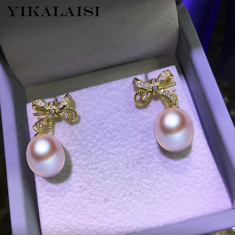 gold-purple pearl YIKALAISI, 925 пробы, серебряные ювелирные изделия, жемчужные серьги,, ювелирные изделия из натурального жемчуга, 8-9 мм, серьги-гвоздики для женщин - Цвет камня: gold-purple pearl