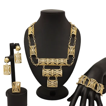 

African Bridal Wedding Dubai Gold Jewelry Sets Women Fashion Ethiopian Costume Jewelry Big Necklace Bracelet Earrings Set