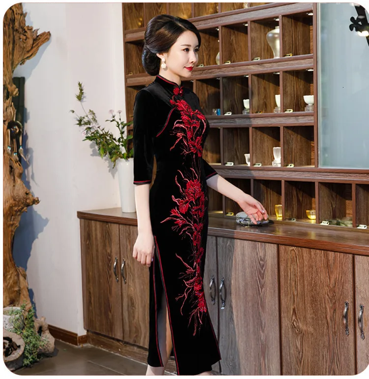 Sheng Coco Цветы Вышивка ремесла китайское платье Cheongsam длинный бархат Cheongsam Женский Винтаж Vestidos 4XL китайское платье